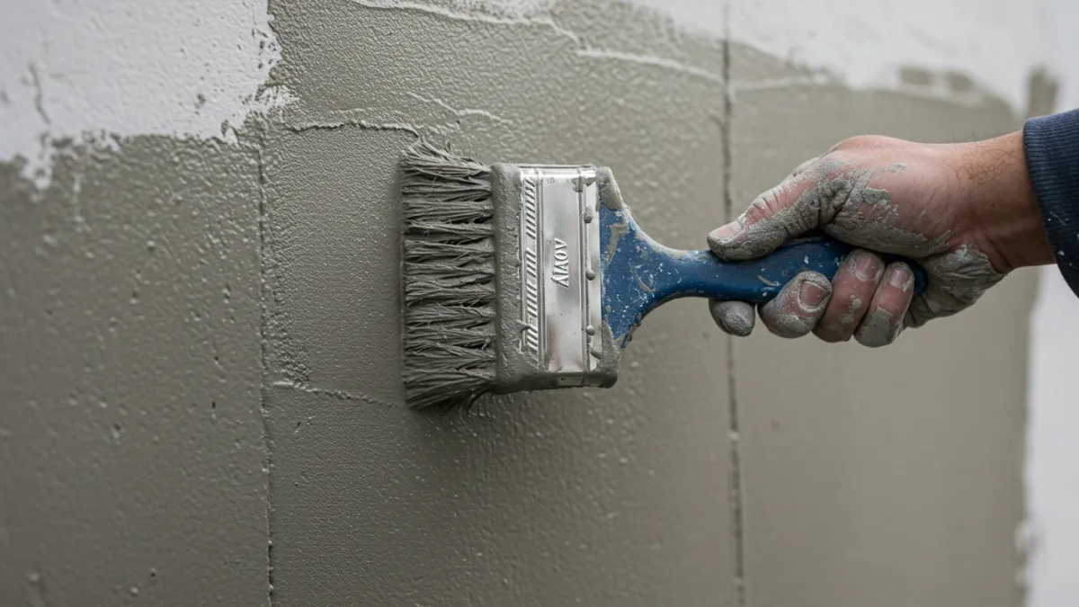 Applicazione di impermeabilizzante cementizio a pennello su parete in calcestruzzo.