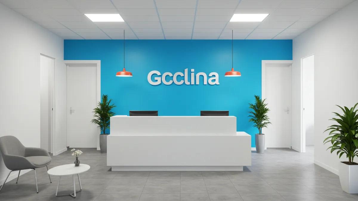 Sala riunioni moderna con parete tinteggiata con colore aziendale e logo