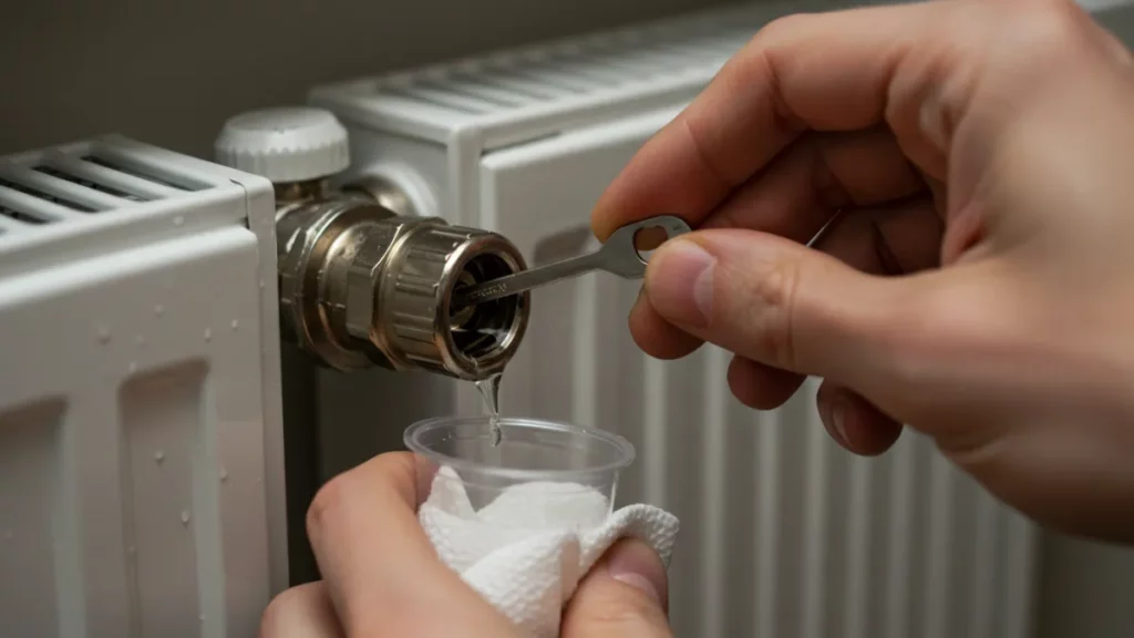 Persona che esegue lo spurgo di un termosifone utilizzando una chiavetta apposita e un piccolo recipiente.