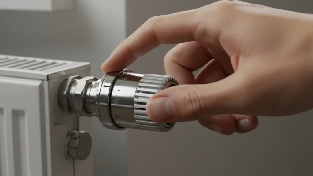 Mano che regola una valvola termostatica installata su un termosifone.