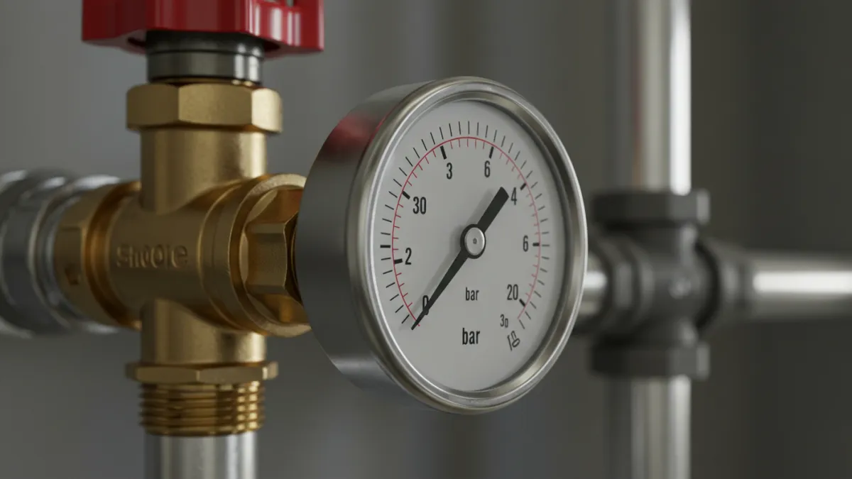 Manometro installato su un tubo che indica la pressione dell'acqua nell'impianto.