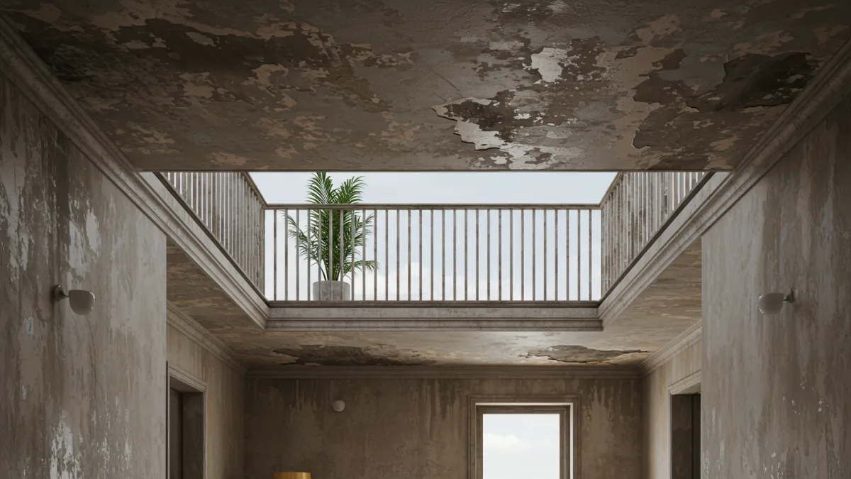 Macchie e scrostamenti sul soffitto sotto un balcone infiltrato.