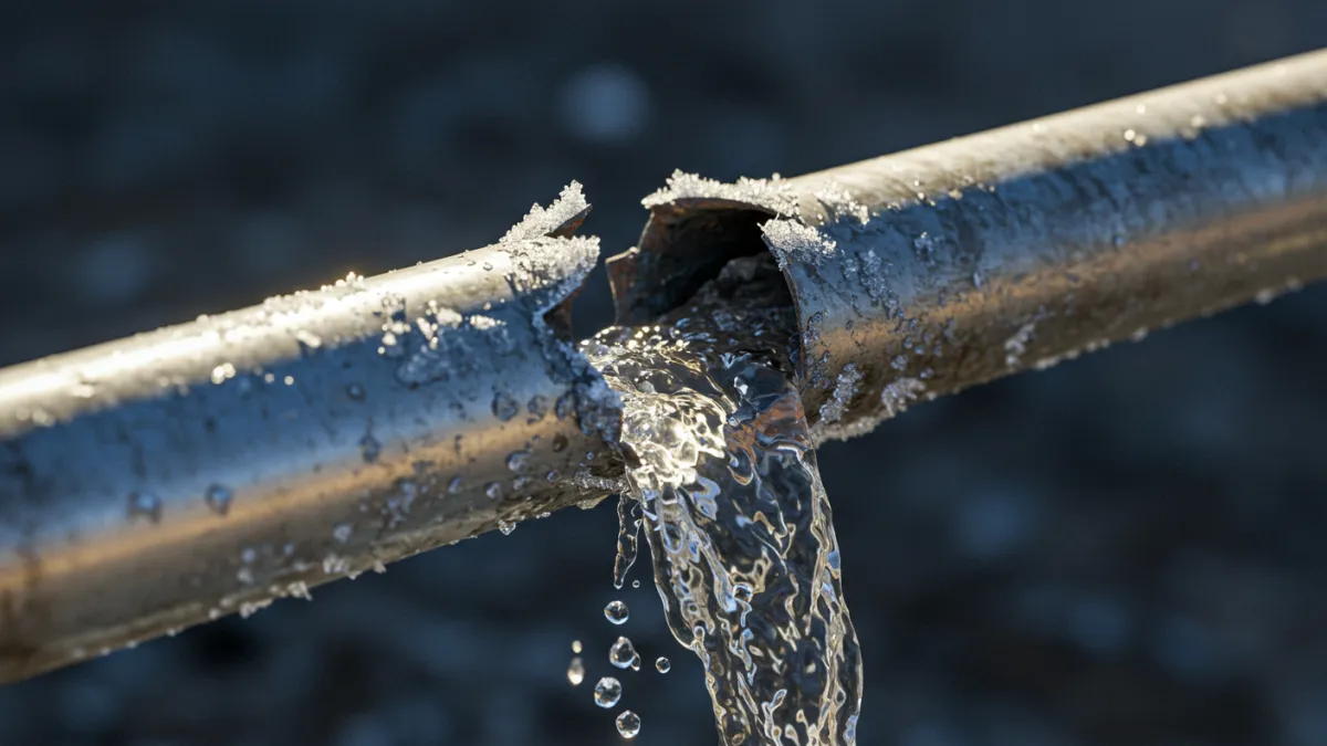 Tubo idraulico rotto a causa del ghiaccio, con perdita d'acqua.