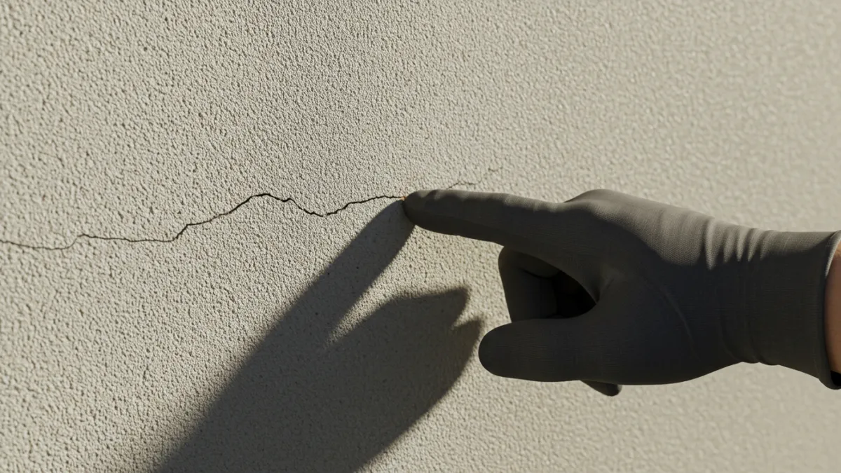 Mano che ispeziona una crepa sull'intonaco esterno prima della tinteggiatura