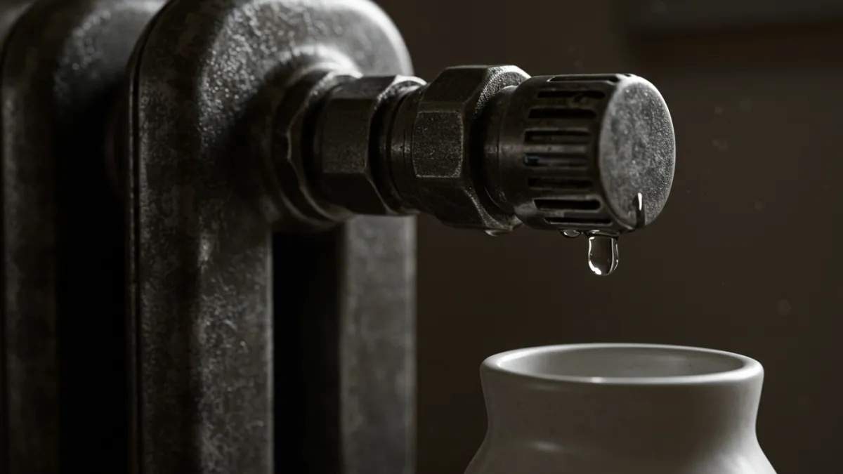 Gocce d'acqua che cadono da un raccordo di un termosifone, indicando problemi e perdite nell'impianto di riscaldamento.