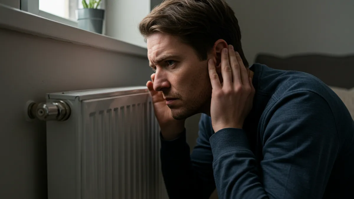 Orecchio vicino a un termosifone che emette rumori, segno di problemi nell'impianto di riscaldamento.