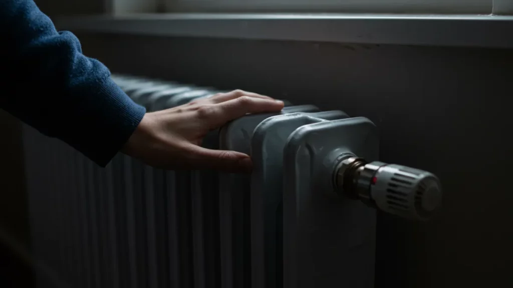 Termosifone con una mano che ne verifica la temperatura, simbolo di problemi all'impianto di riscaldamento.