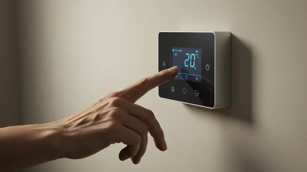 Mano che controlla o regola un termostato ambiente, possibile fonte di problemi per l'impianto di riscaldamento.