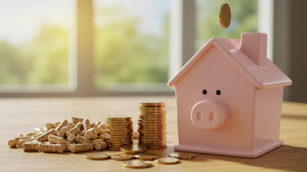 Salvadanaio a forma di casa che si riempie, simboleggiante il risparmio economico con il riscaldamento a pellet.