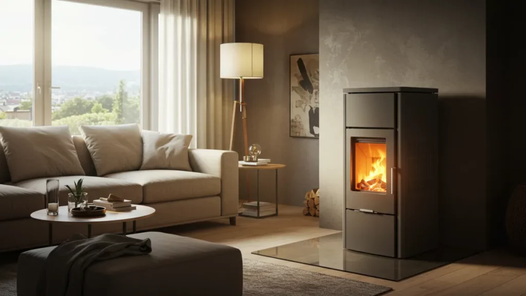 Stufa a pellet moderna ed elegante installata in un soggiorno, che diffonde un calore accogliente.