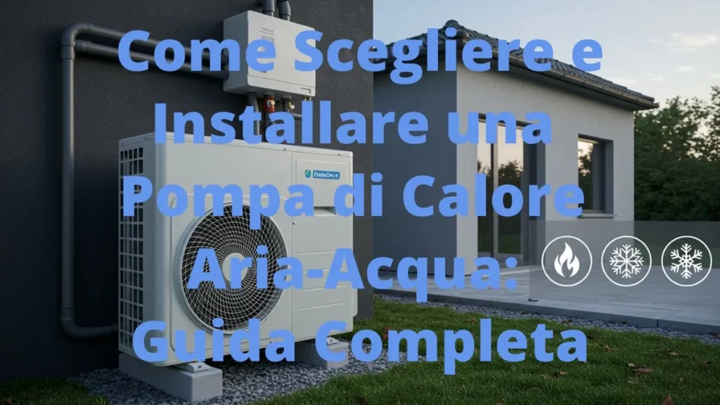 Moderna unità esterna di una pompa di calore aria-acqua installata accanto a una casa efficiente, con simboli di comfort termico.