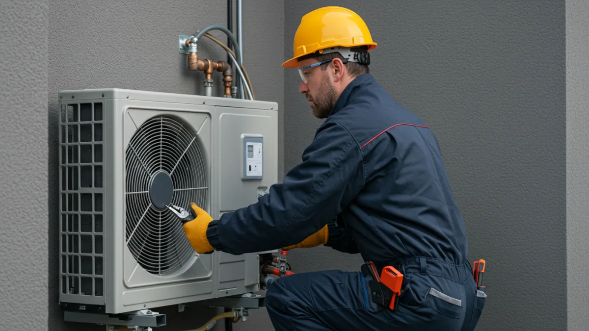Tecnico qualificato durante l'installazione professionale dell'unità esterna di una pompa di calore aria-acqua.