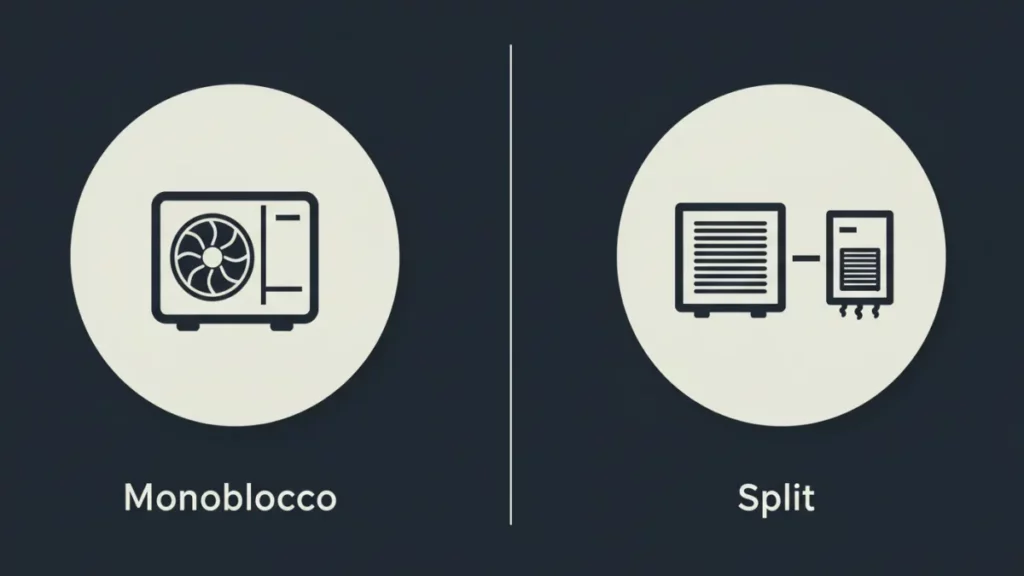 Illustrazione comparativa semplice di una pompa di calore monoblocco e una di tipo split.