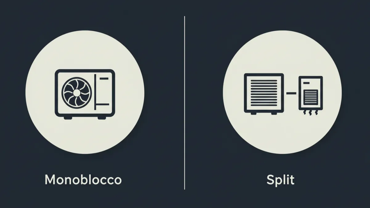 Illustrazione comparativa semplice di una pompa di calore monoblocco e una di tipo split.