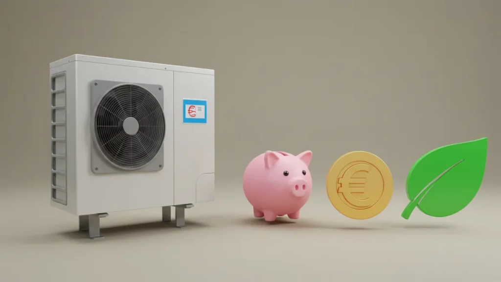 Icone stilizzate che rappresentano risparmio economico (salvadanaio) e beneficio ambientale (foglia verde) associati a una pompa di calore.
