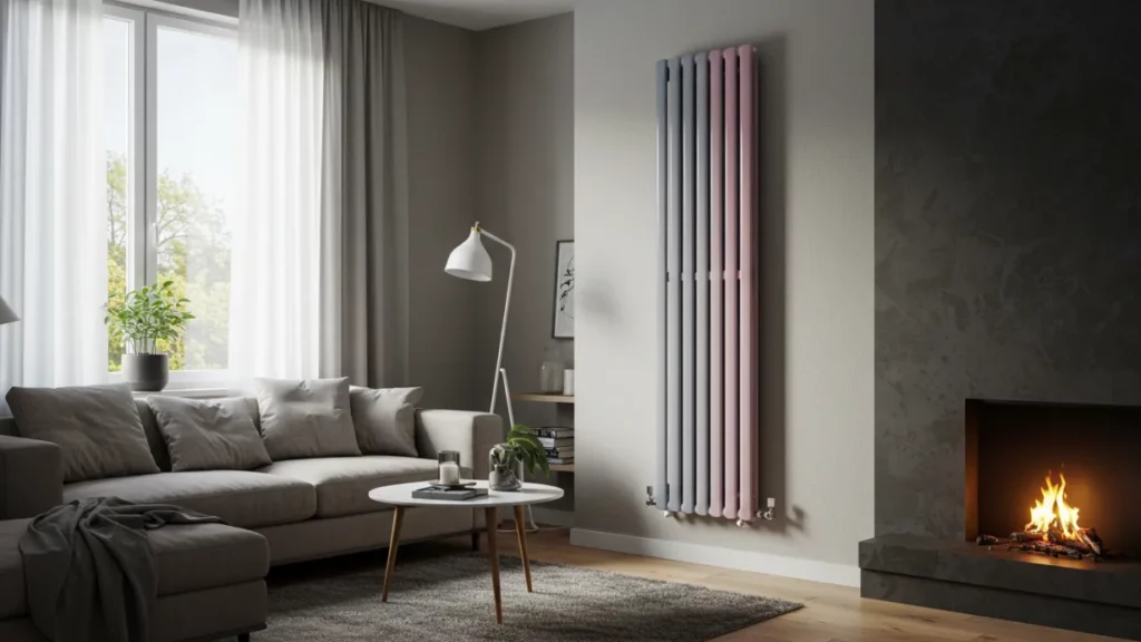 Termosifone di design colorato o con forma particolare, perfettamente integrato in un ambiente moderno.