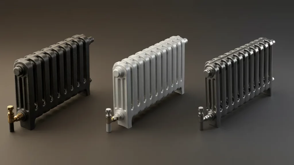 Dettaglio comparativo delle texture e delle sezioni di termosifoni in ghisa, alluminio e acciaio.