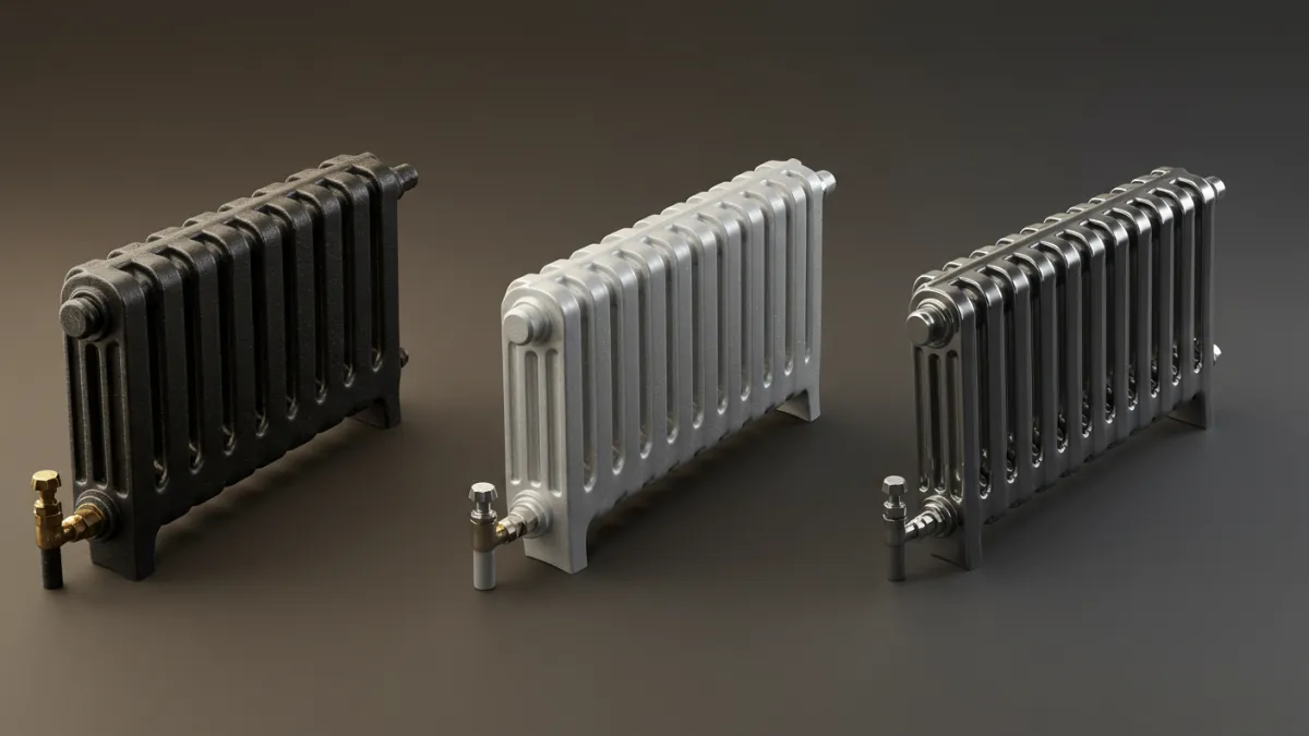 Dettaglio comparativo delle texture e delle sezioni di termosifoni in ghisa, alluminio e acciaio.