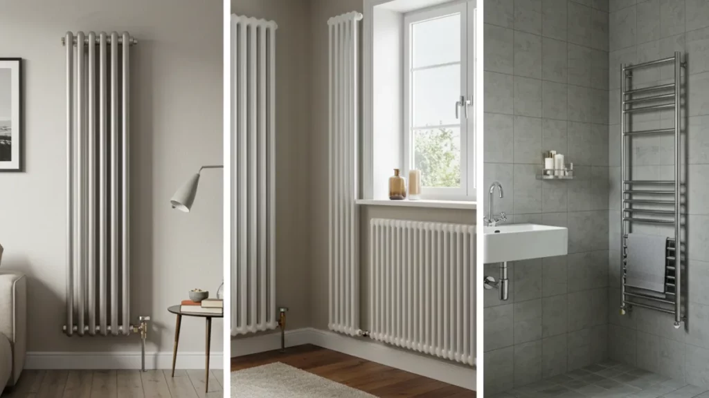 Collage di diverse tipologie di termosifoni: tubolare verticale, a piastra classico, scaldasalviette per bagno.
