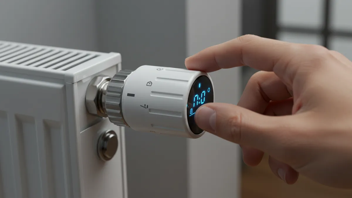 Mano che regola una valvola termostatica installata su un termosifone per il controllo della temperatura.