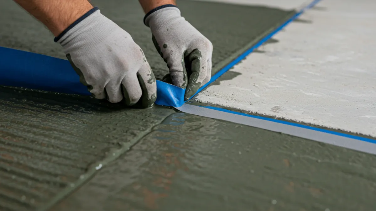 Applicazione di bandella elastica impermeabile su un giunto di dilatazione prima della finitura.