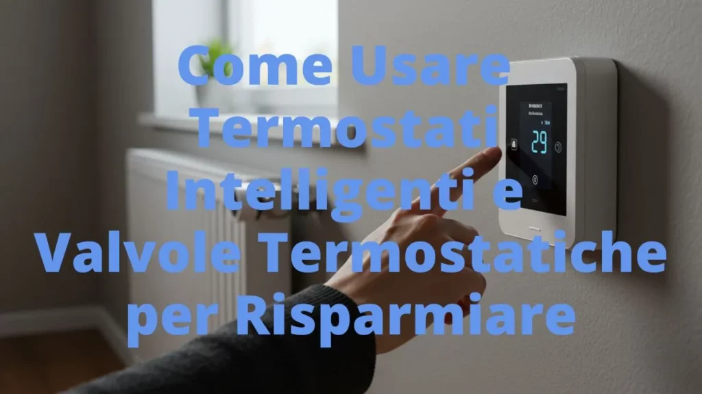 Mano che regola un termostato intelligente a parete con valvole termostatiche visibili su un radiatore sullo sfondo, simbolo di risparmio energetico.
