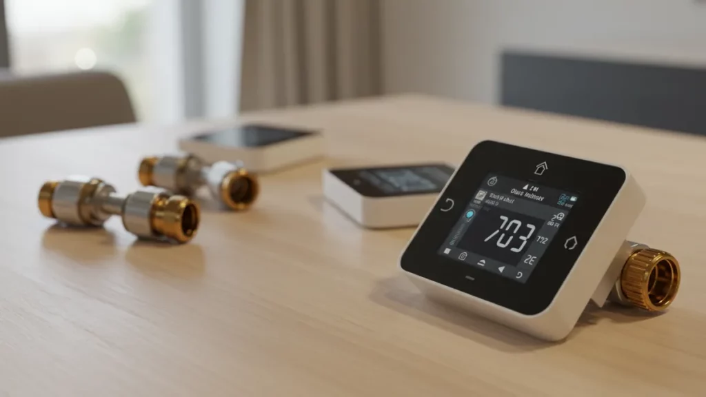 Termostato intelligente moderno e diverse valvole termostatiche smart esposte su un tavolo di legno.