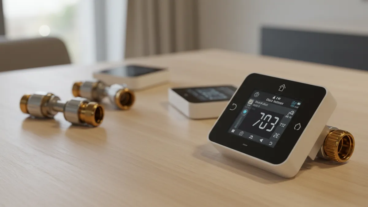 Termostato intelligente moderno e diverse valvole termostatiche smart esposte su un tavolo di legno.