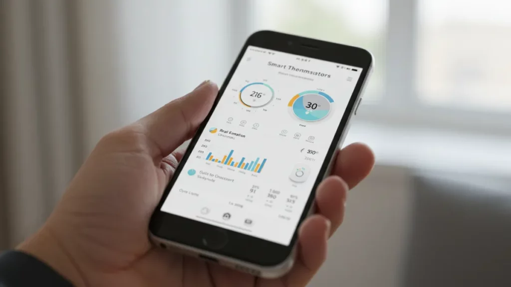 Schermata di un'app per smartphone che mostra le funzionalità avanzate di un sistema di termostati intelligenti e valvole termostatiche.