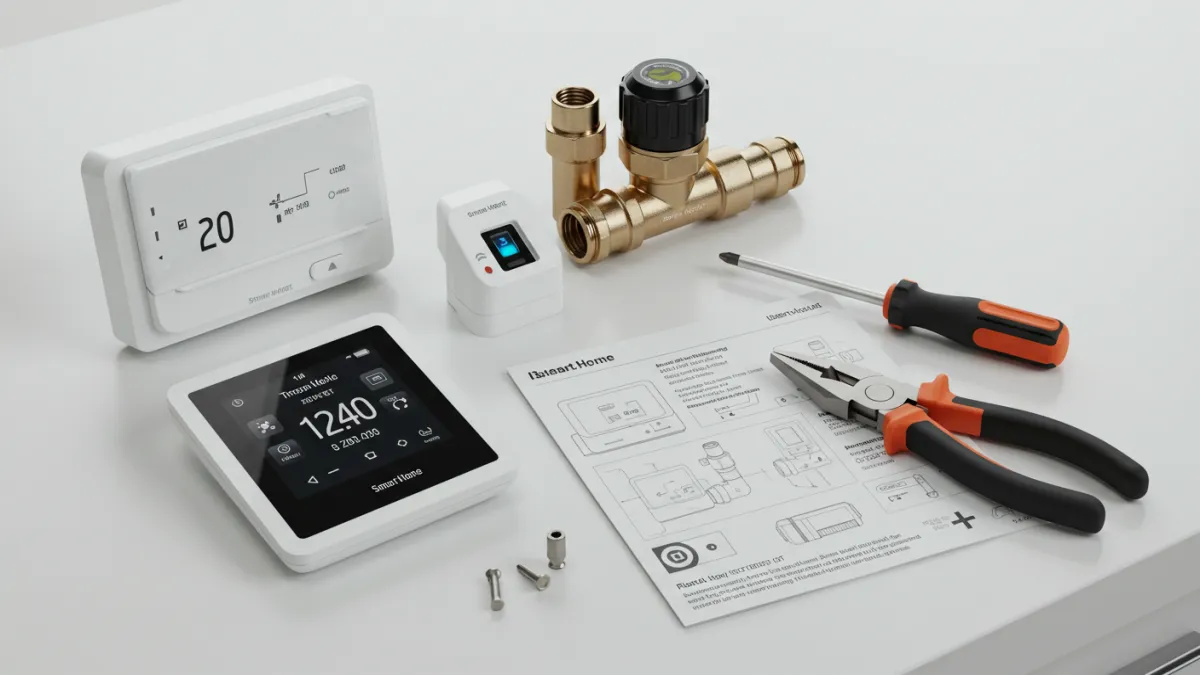 Kit di installazione per termostato intelligente e valvole termostatiche con attrezzi su un piano di lavoro.
