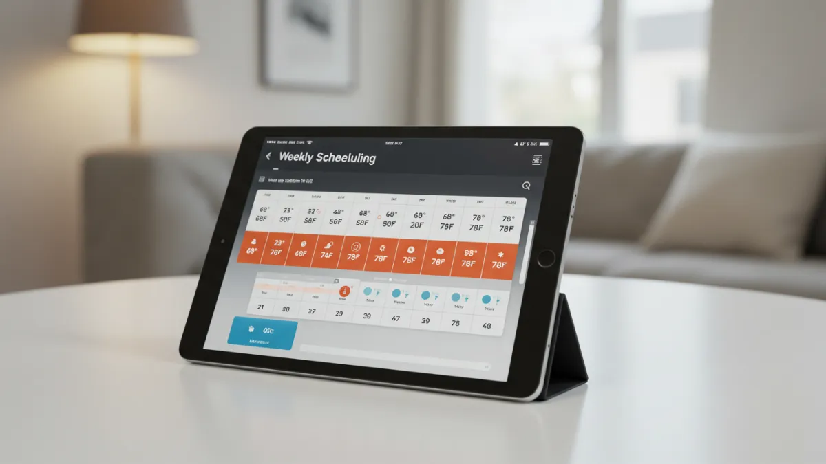 Interfaccia utente di un'app per la programmazione oraria di termostati intelligenti, visualizzata su un tablet.