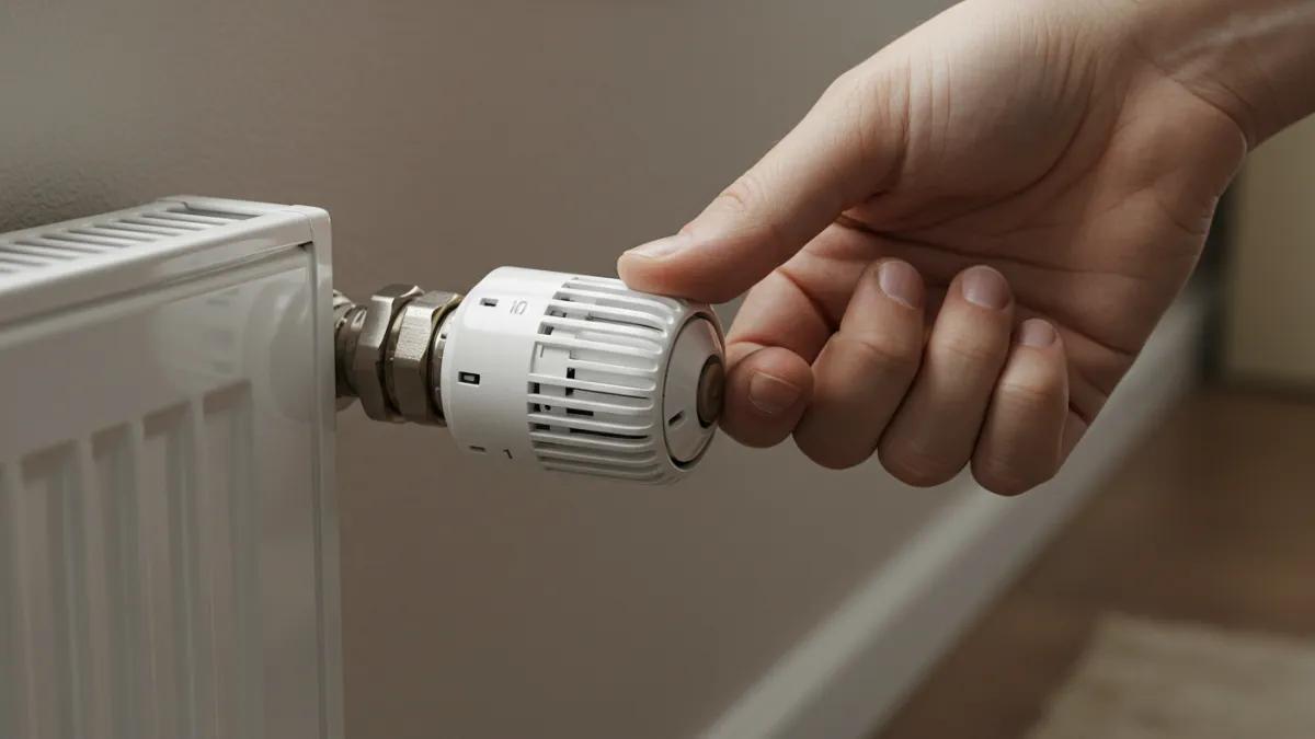 Dettaglio di una mano che installa una valvola termostatica smart su un radiatore.
