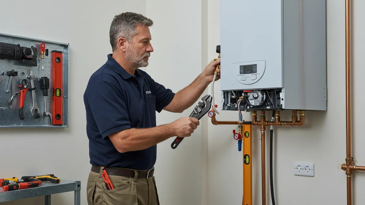 Installatore qualificato al lavoro durante l'installazione di una nuova caldaia a condensazione.