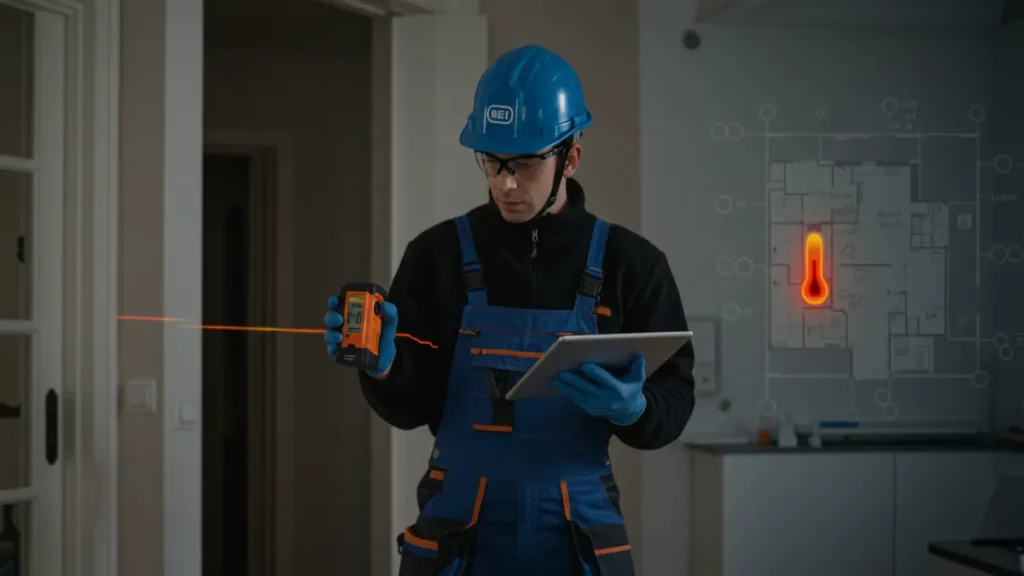 Tecnico che effettua misurazioni in un'abitazione per il corretto dimensionamento della caldaia a condensazione.