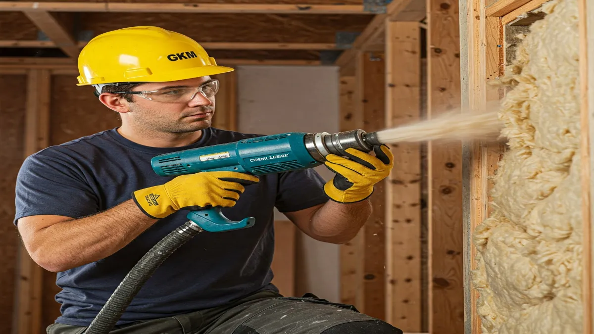 Insufflaggio di fiocchi di cellulosa, un materiale riciclato per un isolamento ecologico ed efficiente.