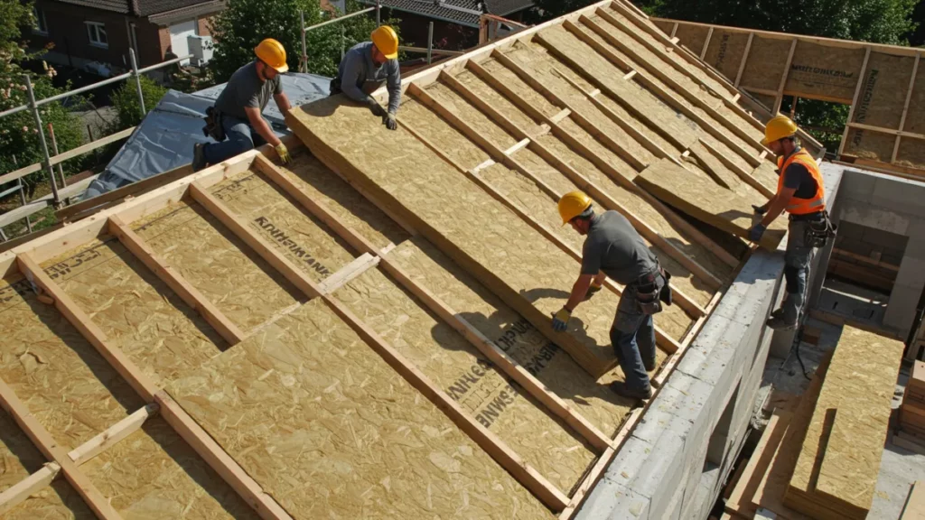 Posa di pannelli in fibra di legno per l'isolamento di un tetto, dimostrando l'efficacia dei materiali naturali ecologici.