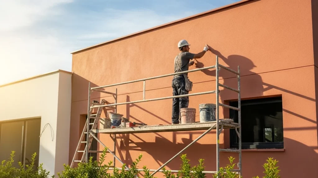 Operaio che applica l'intonaco di finitura su un sistema a cappotto termico in una villetta.