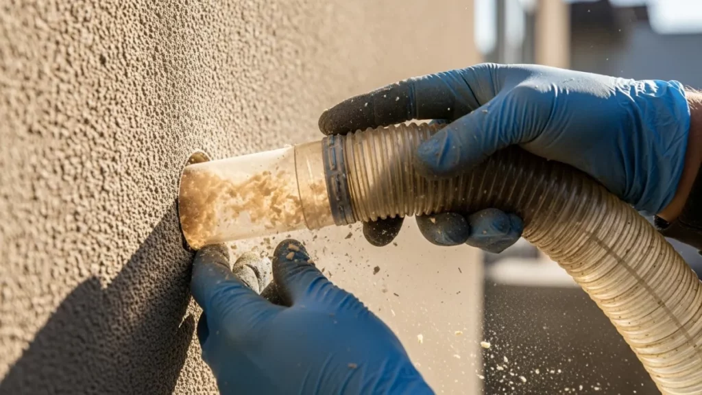 Operatore che inietta materiale isolante sfuso all'interno dell'intercapedine di un muro tramite un foro.