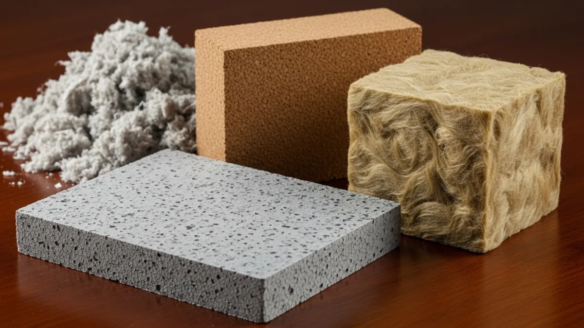 Campioni di diversi materiali isolanti per pareti: EPS, lana di roccia, sughero e cellulosa.