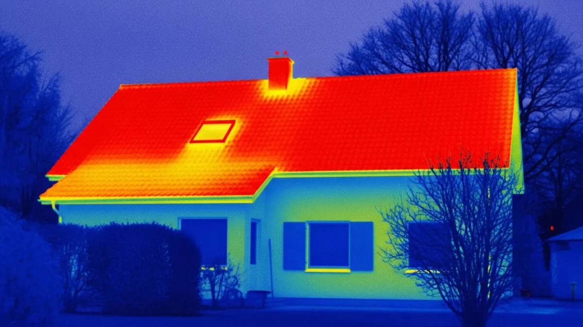 Immagine da termocamera che mostra una forte dispersione di calore dal tetto di una casa.