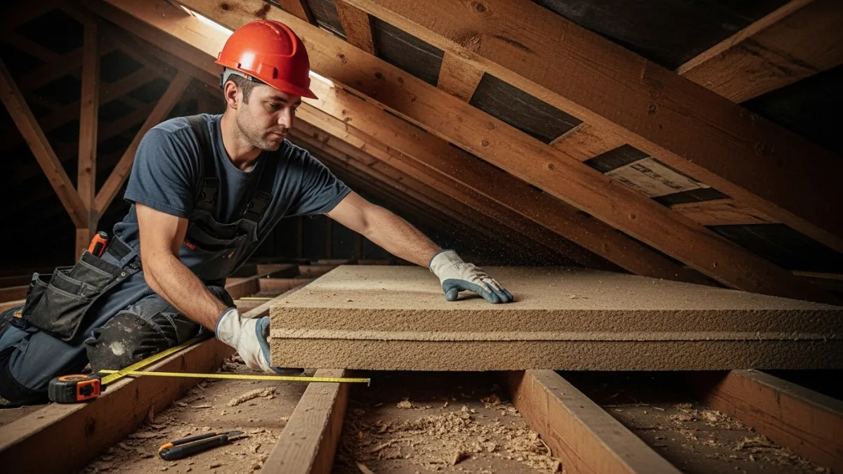 Operaio che inserisce pannelli isolanti tra le travi di legno di una mansarda in ristrutturazione.