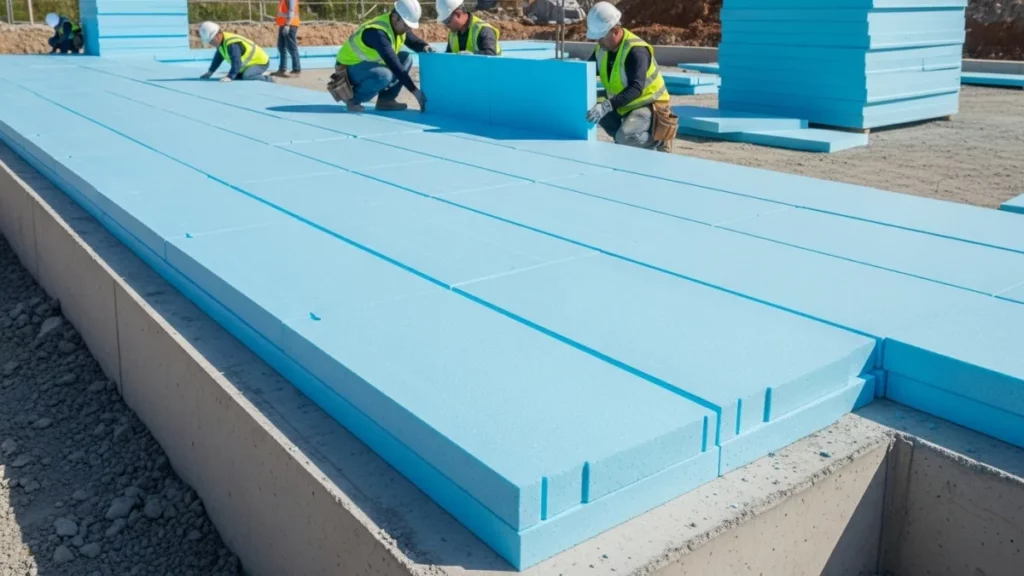 Pannelli di isolante XPS di colore azzurro posati per l'isolamento di una fondazione.