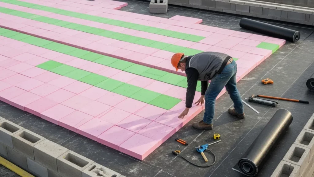 Isolamento di un tetto piano con pannelli di XPS pronti per la successiva stratigrafia.